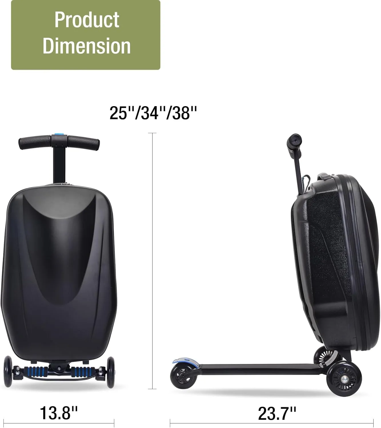Scooter Luggage, 2- in- 1 Folding Carry On Hardshell Ride On Scooter Suitcase for Aged 4-15, Multifunctional Ride On Lightweight Luggage (Black)