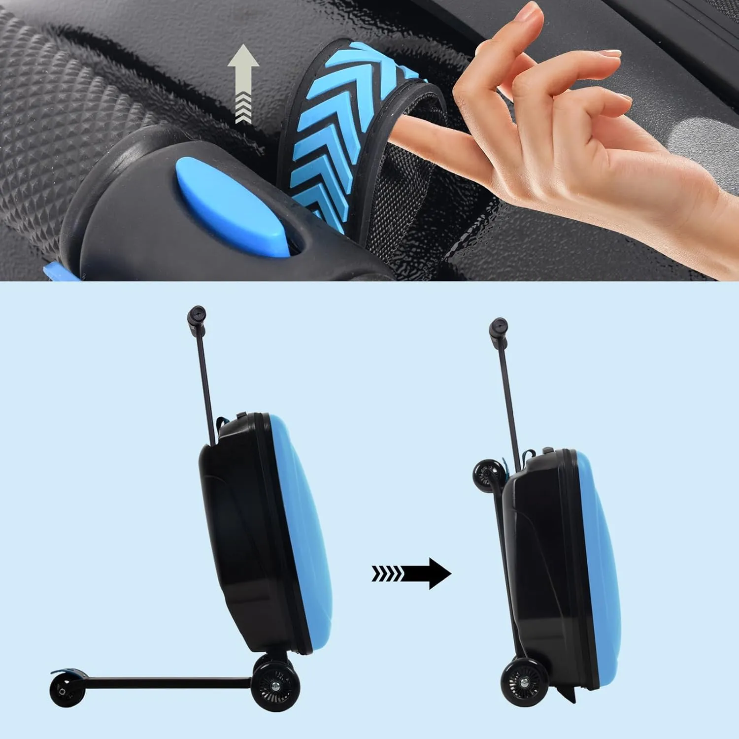 Scooter Luggage, 2- in- 1 Folding Carry On Hardshell Ride On Scooter Suitcase for Aged 4-15, Multifunctional Ride On Lightweight Luggage (light blue)