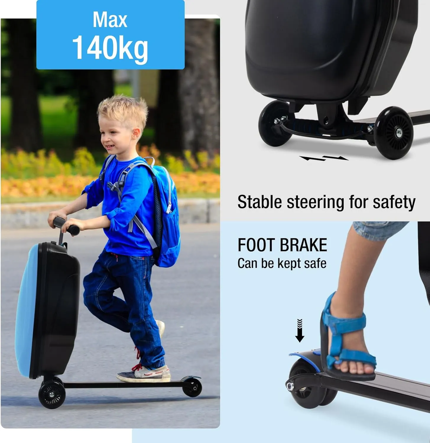 Scooter Luggage, 2- in- 1 Folding Carry On Hardshell Ride On Scooter Suitcase for Aged 4-15, Multifunctional Ride On Lightweight Luggage (light blue)