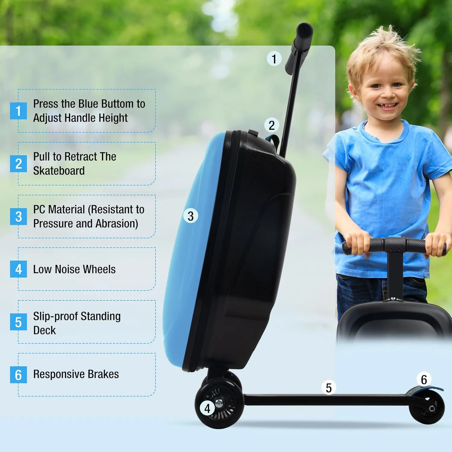 Scooter Luggage, 2- in- 1 Folding Carry On Hardshell Ride On Scooter Suitcase for Aged 4-15, Multifunctional Ride On Lightweight Luggage (light blue)