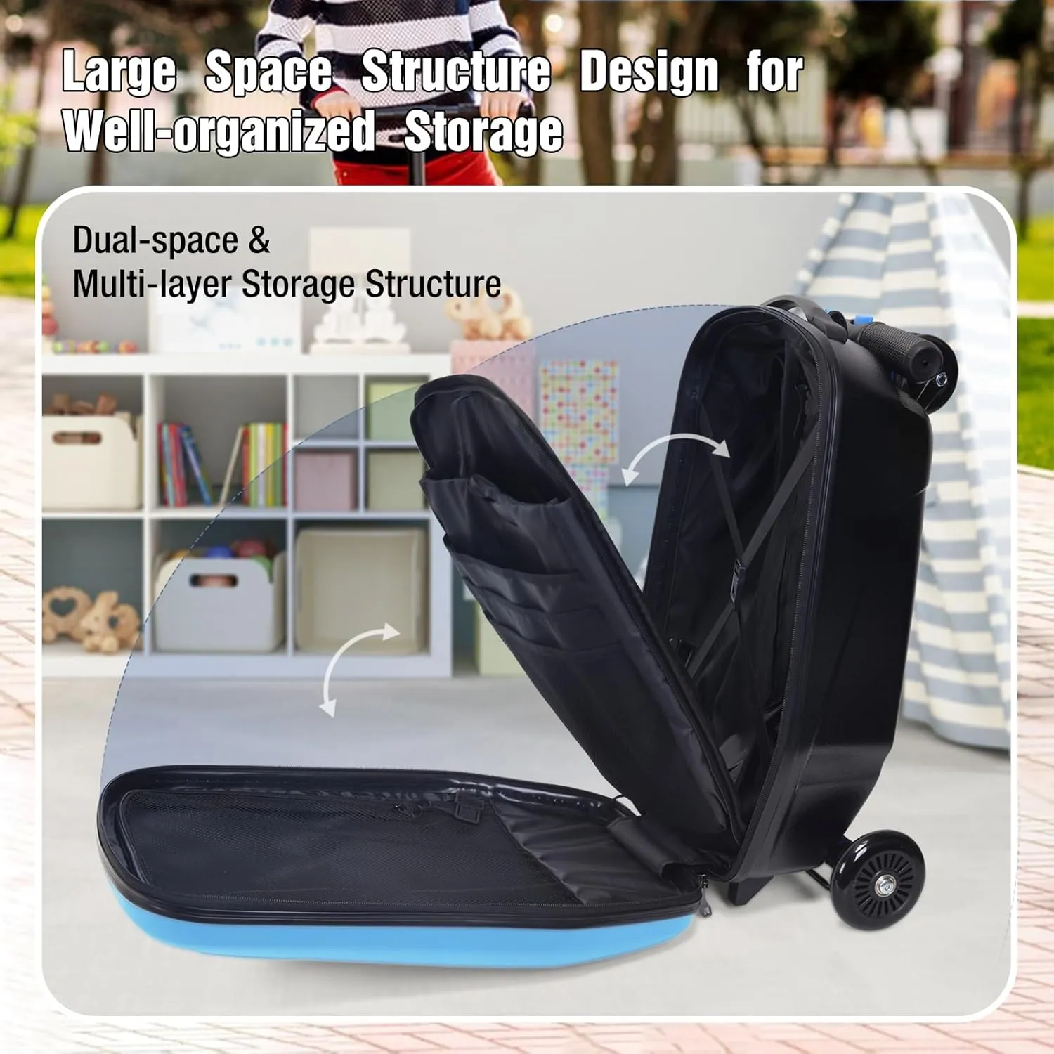 Scooter Luggage, 2- in- 1 Folding Carry On Hardshell Ride On Scooter Suitcase for Aged 4-15, Multifunctional Ride On Lightweight Luggage (light blue)