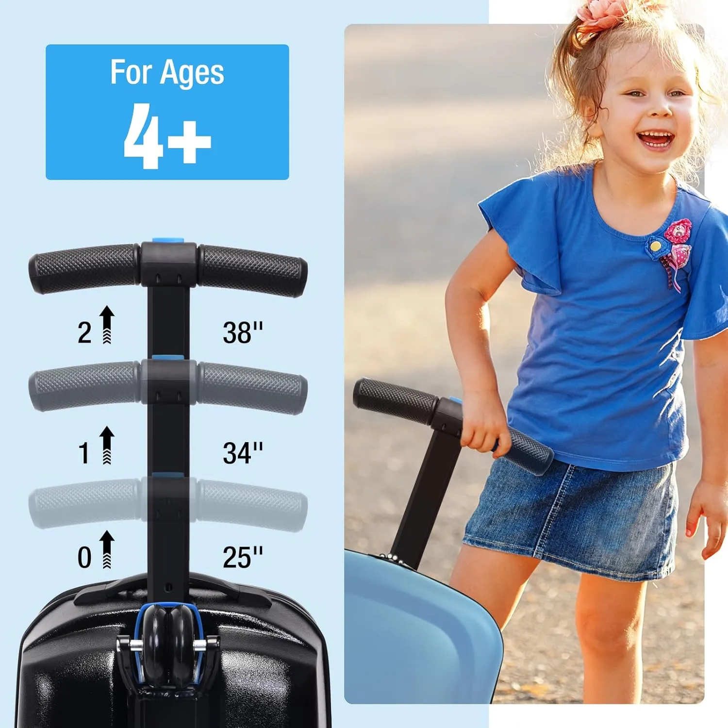 Scooter Luggage, 2- in- 1 Folding Carry On Hardshell Ride On Scooter Suitcase for Aged 4-15, Multifunctional Ride On Lightweight Luggage (light blue)