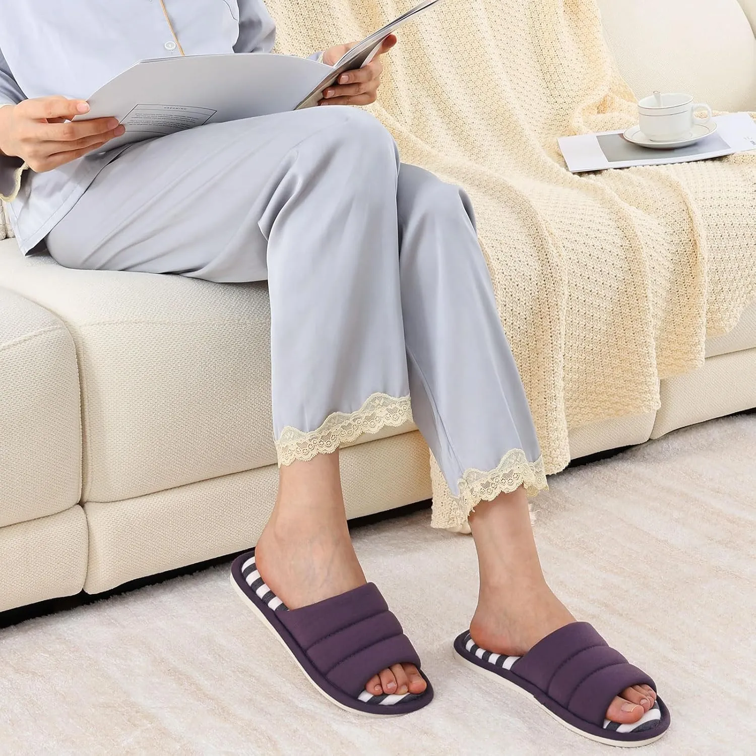 shevalues Open Toe House Slippers for Women Men Soft Cotton Indoor Shoes Memory Foam Slip On bedroom Slippers