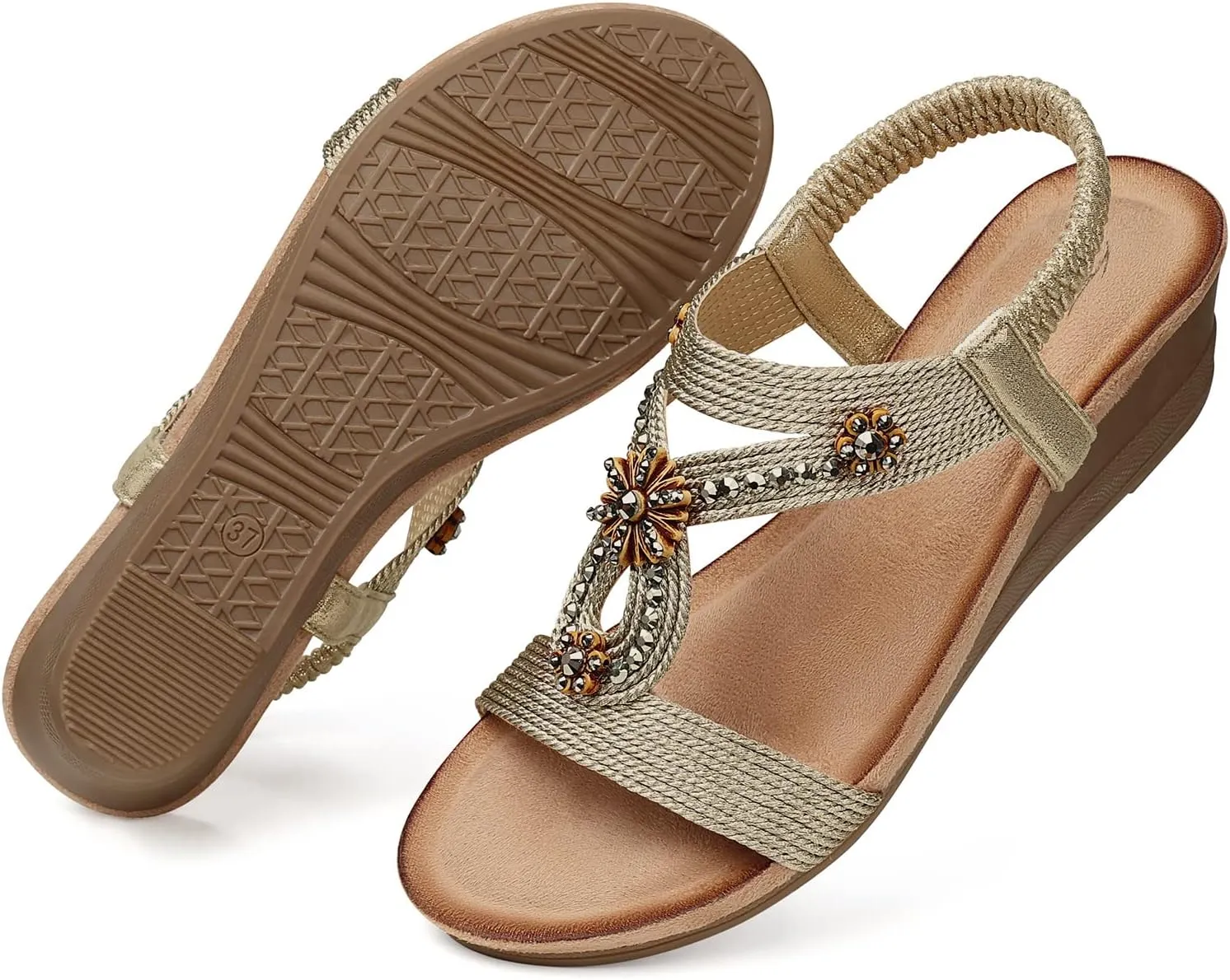 SHIBEVER Womens Wedge Sandals Flower Low Heel Dressy Sandals Elastic Ankle Strap Rhinestone Summer Comfortable Shoe