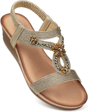 SHIBEVER Womens Wedge Sandals Flower Low Heel Dressy Sandals Elastic Ankle Strap Rhinestone Summer Comfortable Shoe