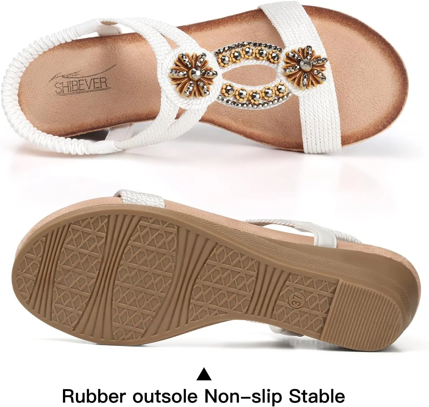 SHIBEVER Womens Wedge Sandals Flower Low Heel Dressy Sandals Elastic Ankle Strap Rhinestone Summer Comfortable Shoe