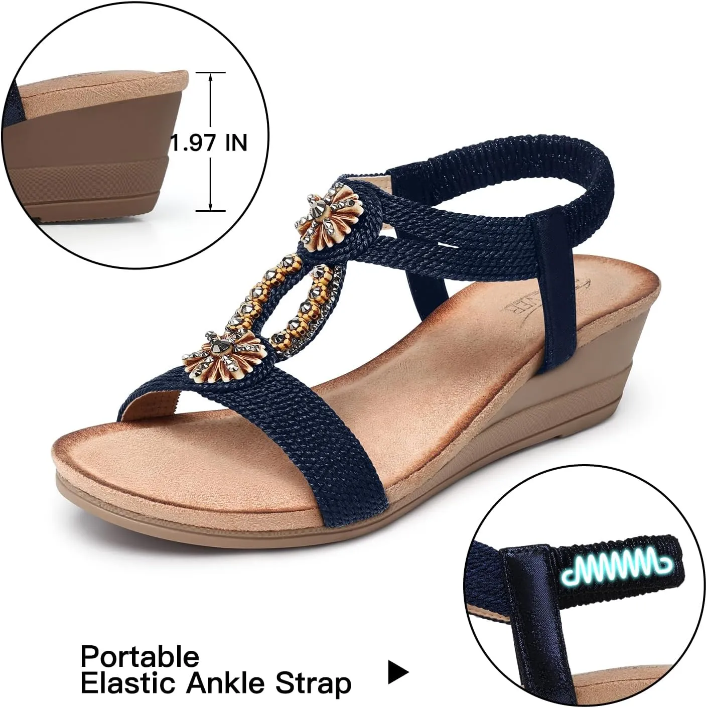 SHIBEVER Womens Wedge Sandals Flower Low Heel Dressy Sandals Elastic Ankle Strap Rhinestone Summer Comfortable Shoe