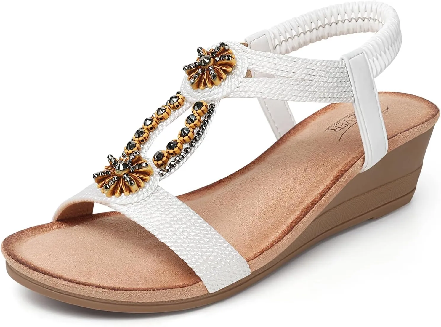 SHIBEVER Womens Wedge Sandals Flower Low Heel Dressy Sandals Elastic Ankle Strap Rhinestone Summer Comfortable Shoe