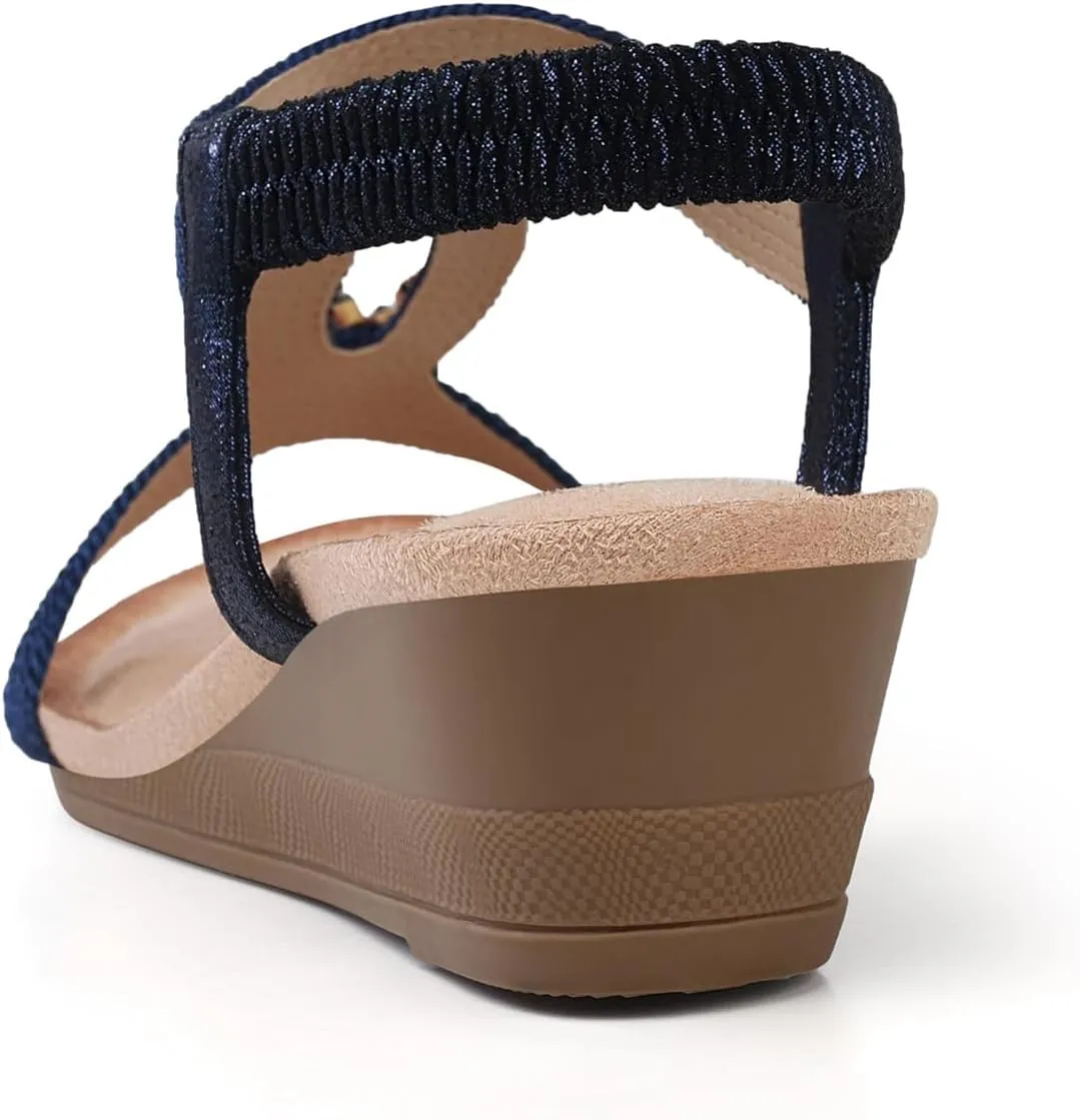 SHIBEVER Womens Wedge Sandals Flower Low Heel Dressy Sandals Elastic Ankle Strap Rhinestone Summer Comfortable Shoe