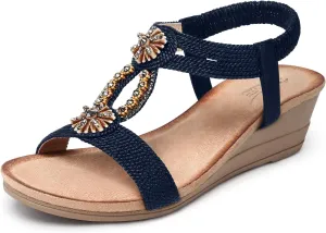 SHIBEVER Womens Wedge Sandals Flower Low Heel Dressy Sandals Elastic Ankle Strap Rhinestone Summer Comfortable Shoe