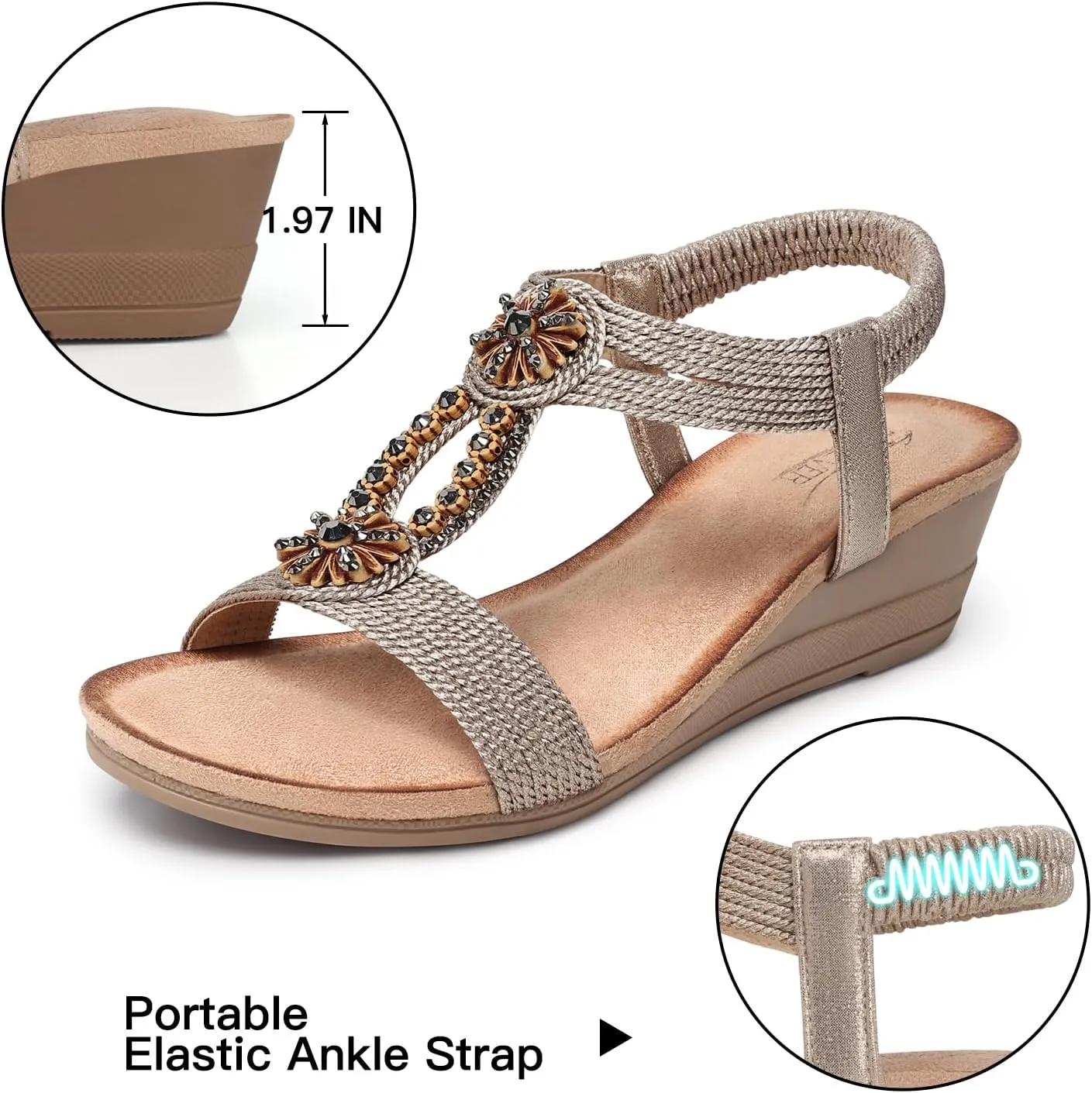 SHIBEVER Womens Wedge Sandals Flower Low Heel Dressy Sandals Elastic Ankle Strap Rhinestone Summer Comfortable Shoe