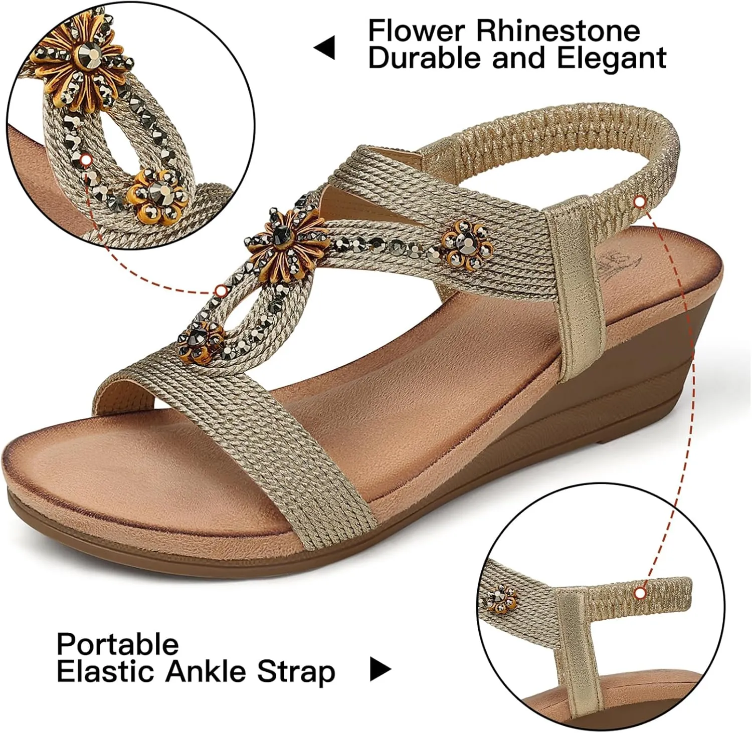 SHIBEVER Womens Wedge Sandals Flower Low Heel Dressy Sandals Elastic Ankle Strap Rhinestone Summer Comfortable Shoe
