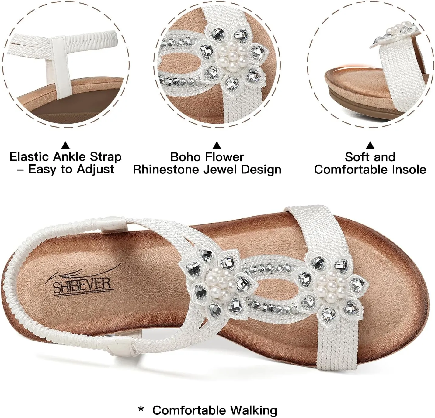 SHIBEVER Womens Wedge Sandals Flower Low Heel Dressy Sandals Elastic Ankle Strap Rhinestone Summer Comfortable Shoe