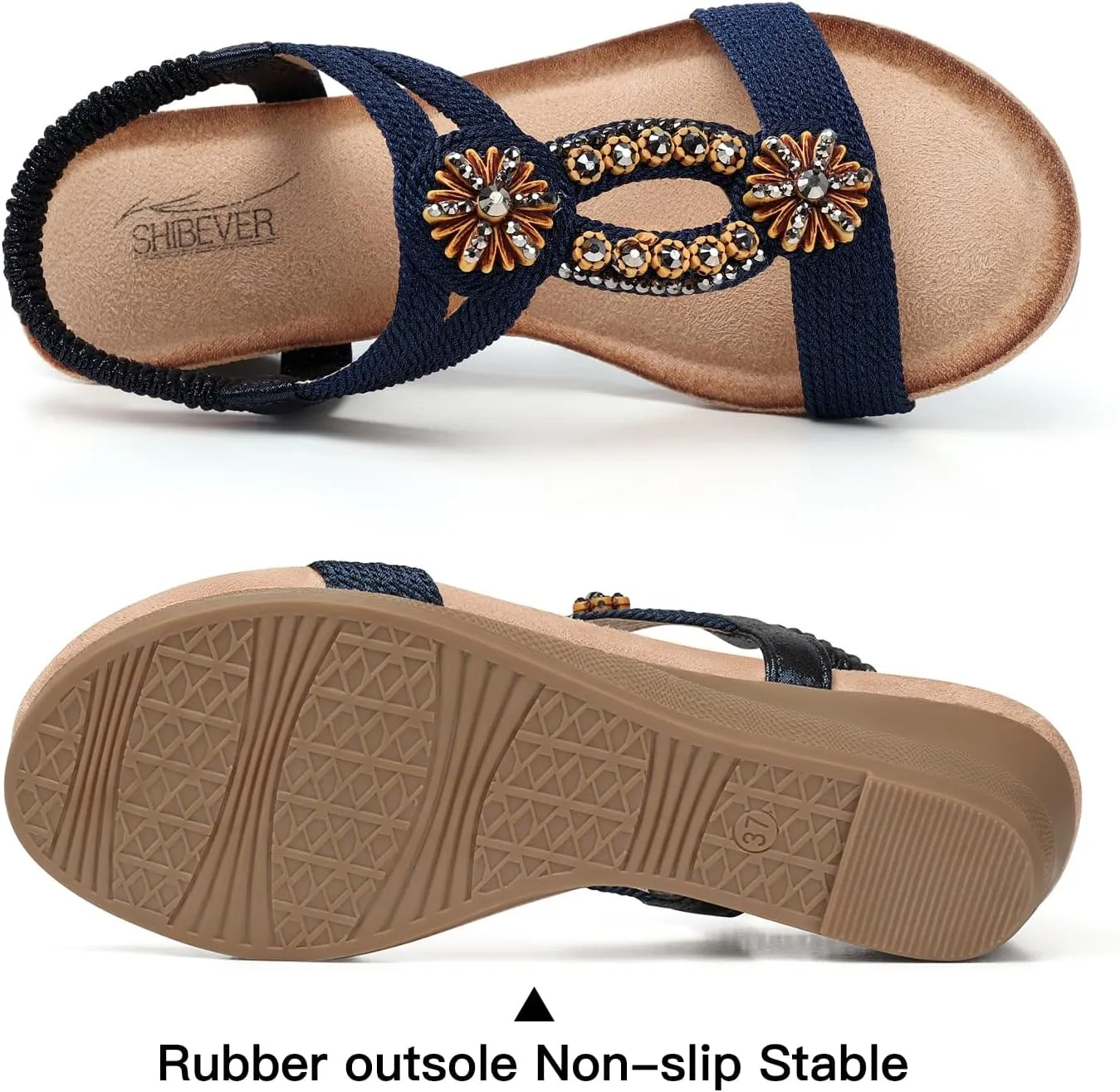 SHIBEVER Womens Wedge Sandals Flower Low Heel Dressy Sandals Elastic Ankle Strap Rhinestone Summer Comfortable Shoe