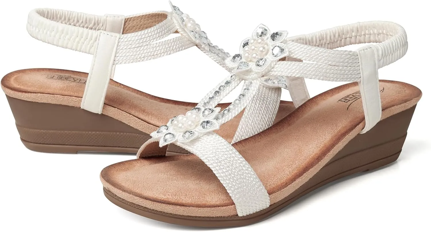 SHIBEVER Womens Wedge Sandals Flower Low Heel Dressy Sandals Elastic Ankle Strap Rhinestone Summer Comfortable Shoe