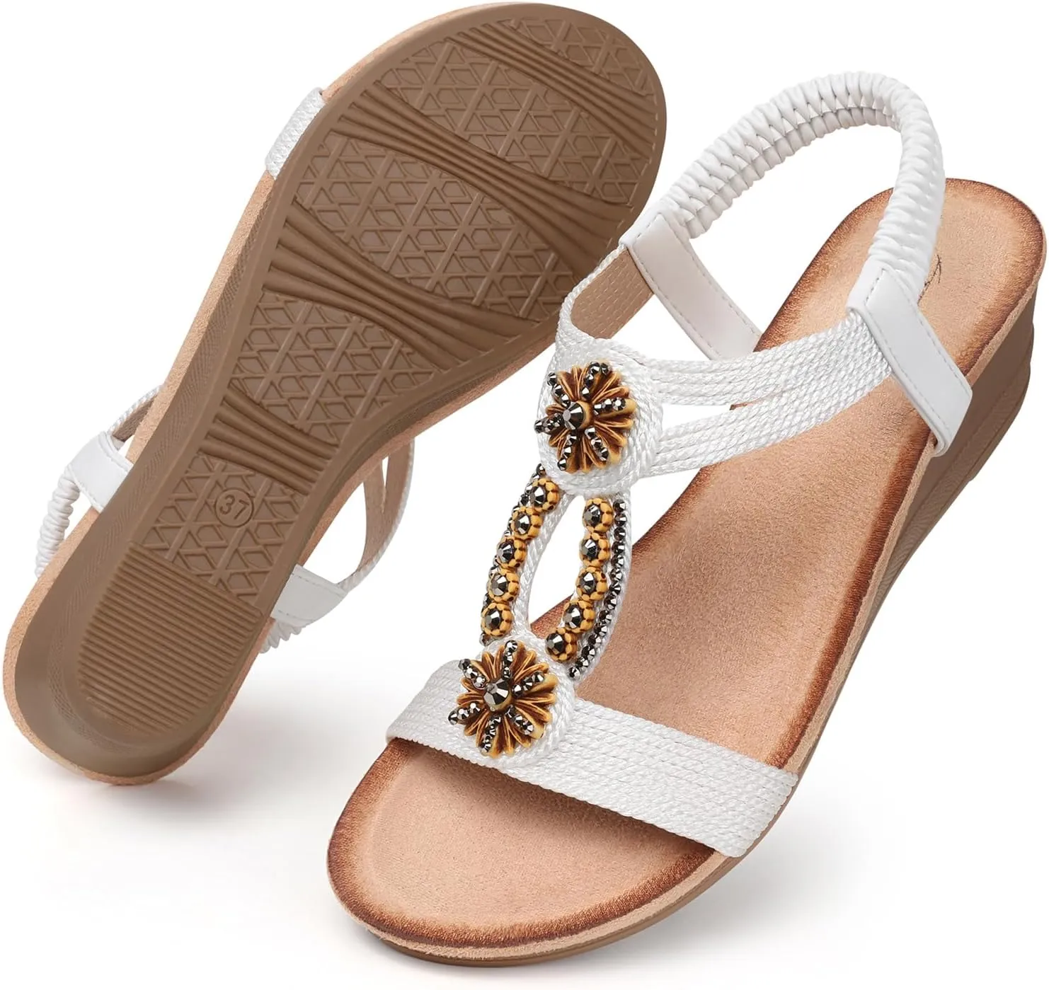 SHIBEVER Womens Wedge Sandals Flower Low Heel Dressy Sandals Elastic Ankle Strap Rhinestone Summer Comfortable Shoe