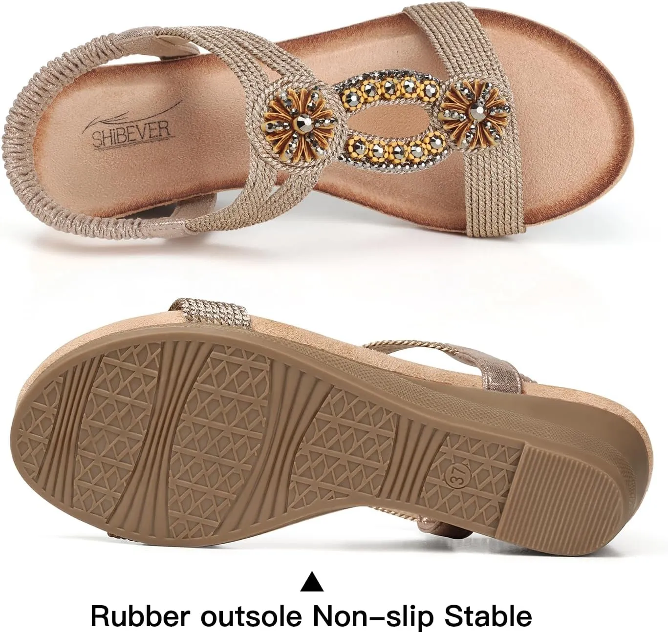 SHIBEVER Womens Wedge Sandals Flower Low Heel Dressy Sandals Elastic Ankle Strap Rhinestone Summer Comfortable Shoe