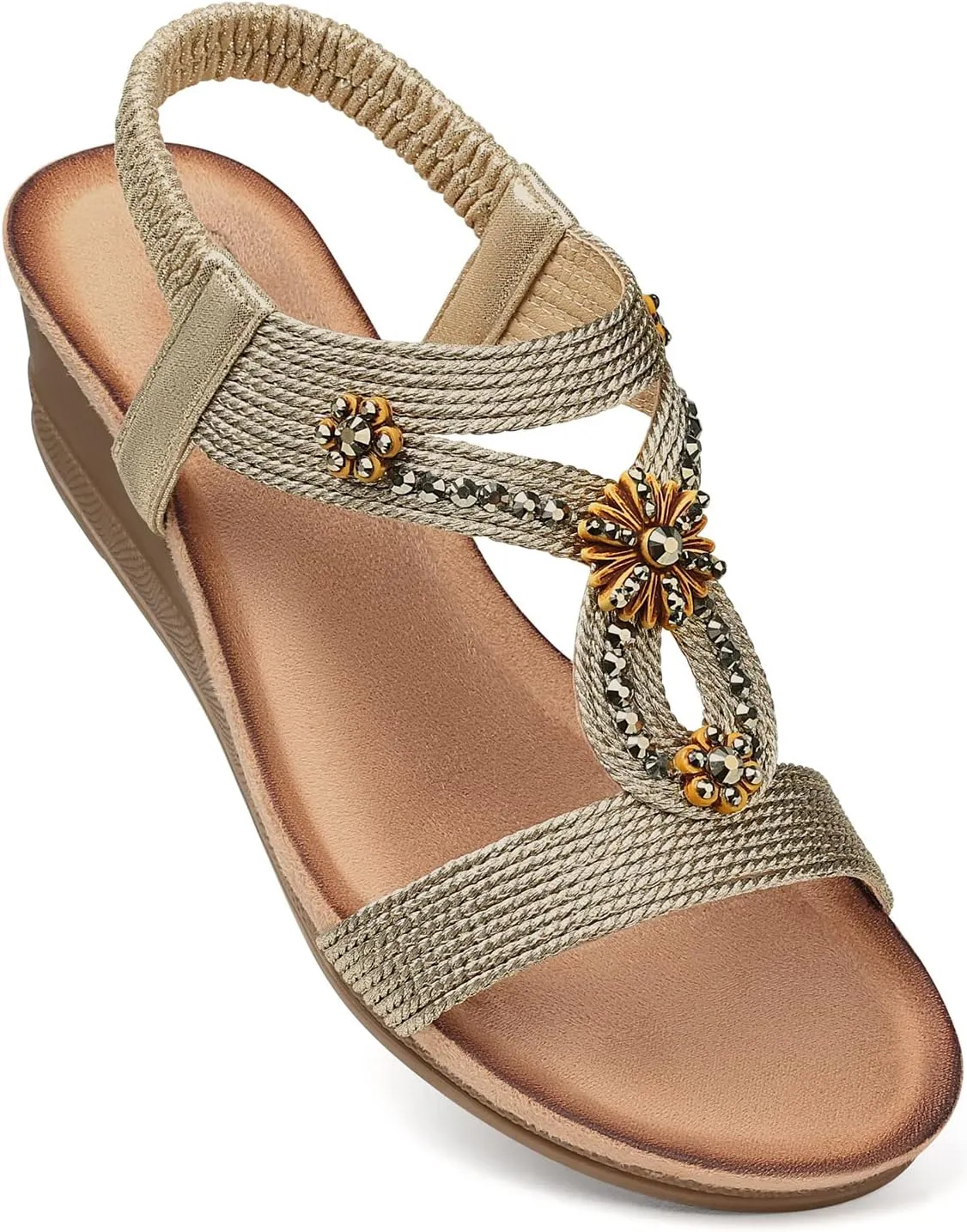 SHIBEVER Womens Wedge Sandals Flower Low Heel Dressy Sandals Elastic Ankle Strap Rhinestone Summer Comfortable Shoe