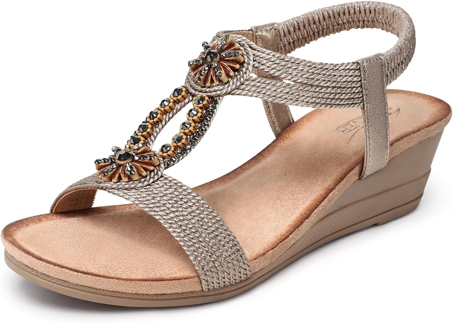 SHIBEVER Womens Wedge Sandals Flower Low Heel Dressy Sandals Elastic Ankle Strap Rhinestone Summer Comfortable Shoe