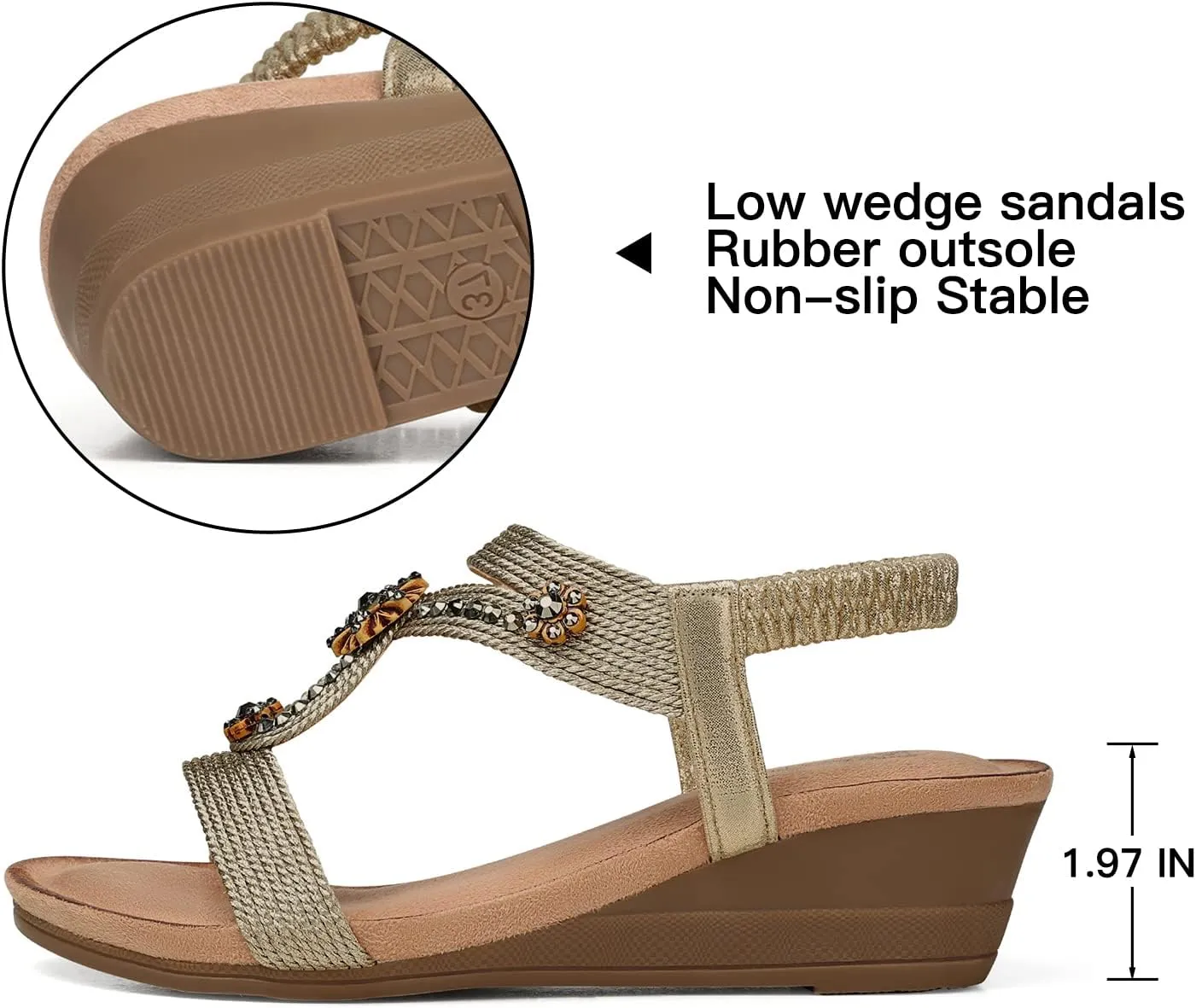 SHIBEVER Womens Wedge Sandals Flower Low Heel Dressy Sandals Elastic Ankle Strap Rhinestone Summer Comfortable Shoe