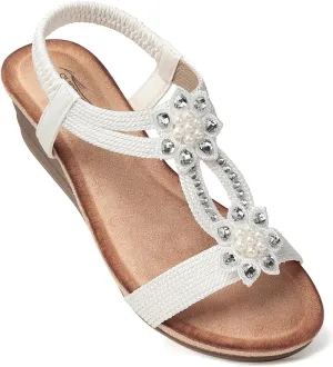SHIBEVER Womens Wedge Sandals Flower Low Heel Dressy Sandals Elastic Ankle Strap Rhinestone Summer Comfortable Shoe