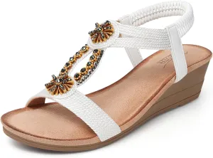 SHIBEVER Womens Wedge Sandals Flower Low Heel Dressy Sandals Elastic Ankle Strap Rhinestone Summer Comfortable Shoe