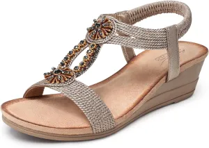 SHIBEVER Womens Wedge Sandals Flower Low Heel Dressy Sandals Elastic Ankle Strap Rhinestone Summer Comfortable Shoe