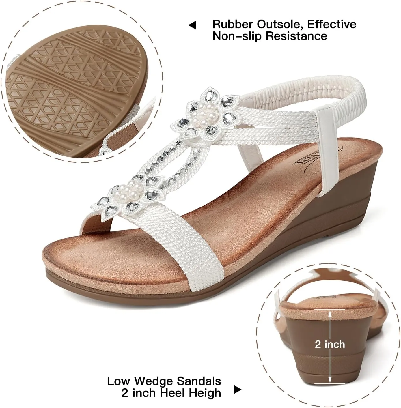 SHIBEVER Womens Wedge Sandals Flower Low Heel Dressy Sandals Elastic Ankle Strap Rhinestone Summer Comfortable Shoe