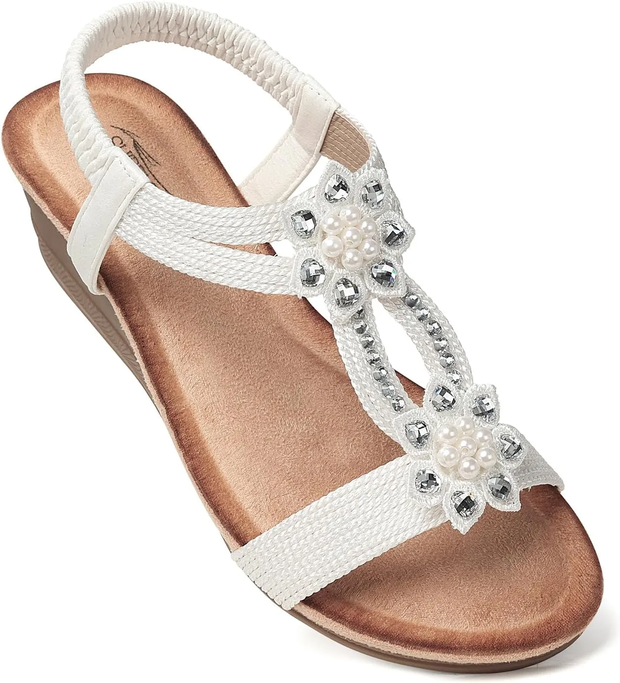 SHIBEVER Womens Wedge Sandals Flower Low Heel Dressy Sandals Elastic Ankle Strap Rhinestone Summer Comfortable Shoe