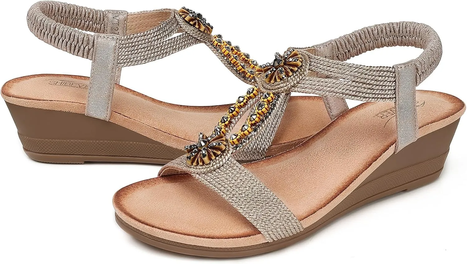 SHIBEVER Womens Wedge Sandals Flower Low Heel Dressy Sandals Elastic Ankle Strap Rhinestone Summer Comfortable Shoe