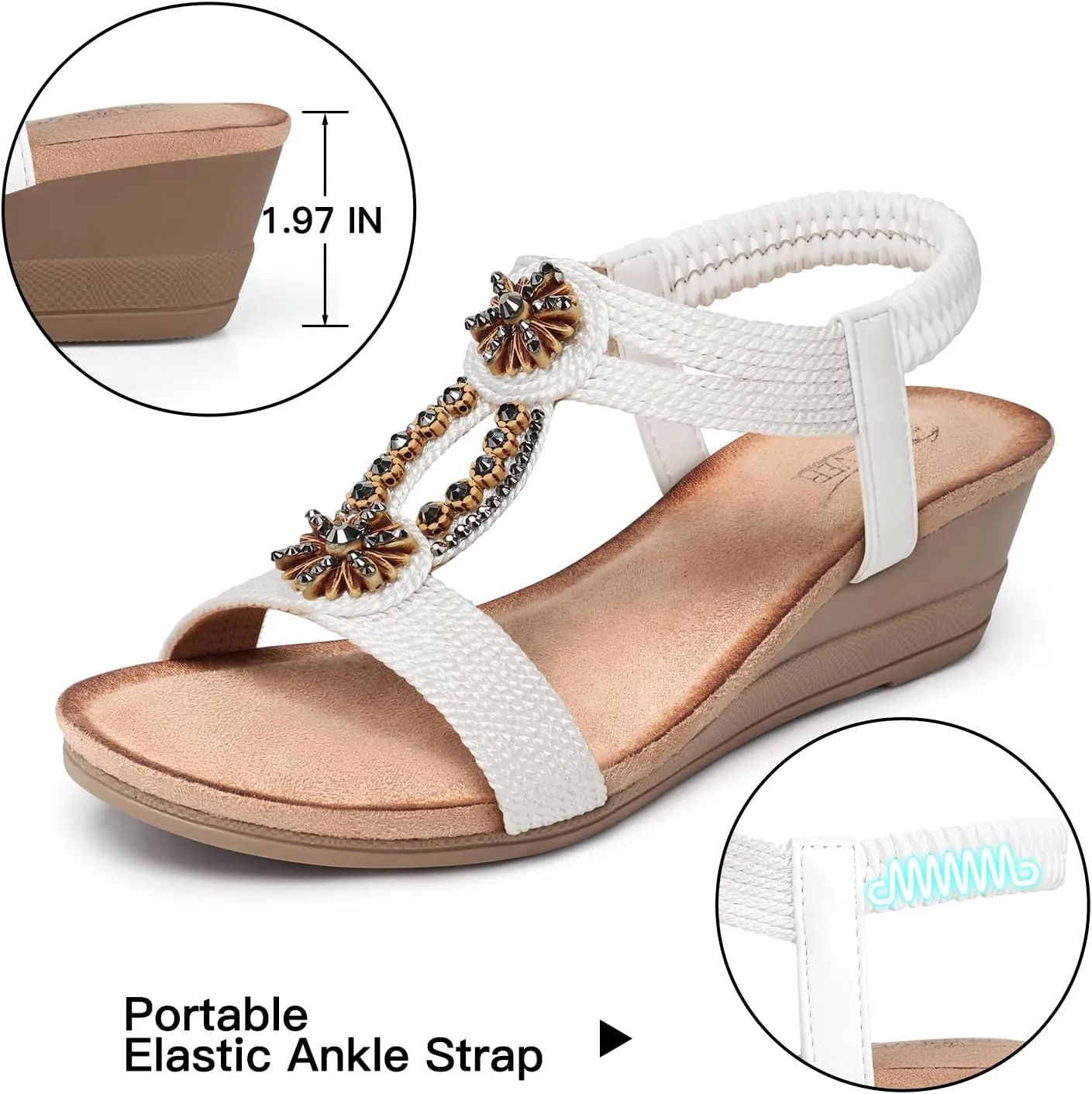 SHIBEVER Womens Wedge Sandals Flower Low Heel Dressy Sandals Elastic Ankle Strap Rhinestone Summer Comfortable Shoe