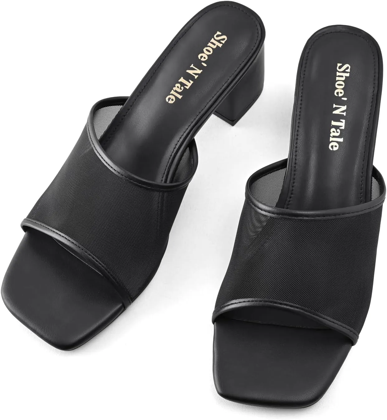 Shoe'N Tale Heeled Sandals For Women Square Open Toe Heeled Mules Chunky Block Low Heel Slip On Slides