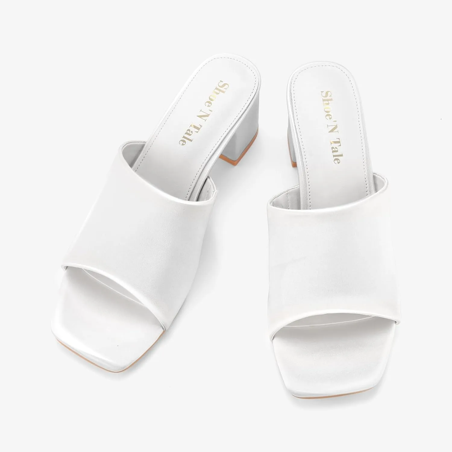 Shoe'N Tale Heeled Sandals For Women Square Open Toe Heeled Mules Chunky Block Low Heel Slip On Slides