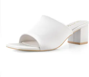 Shoe'N Tale Heeled Sandals For Women Square Open Toe Heeled Mules Chunky Block Low Heel Slip On Slides