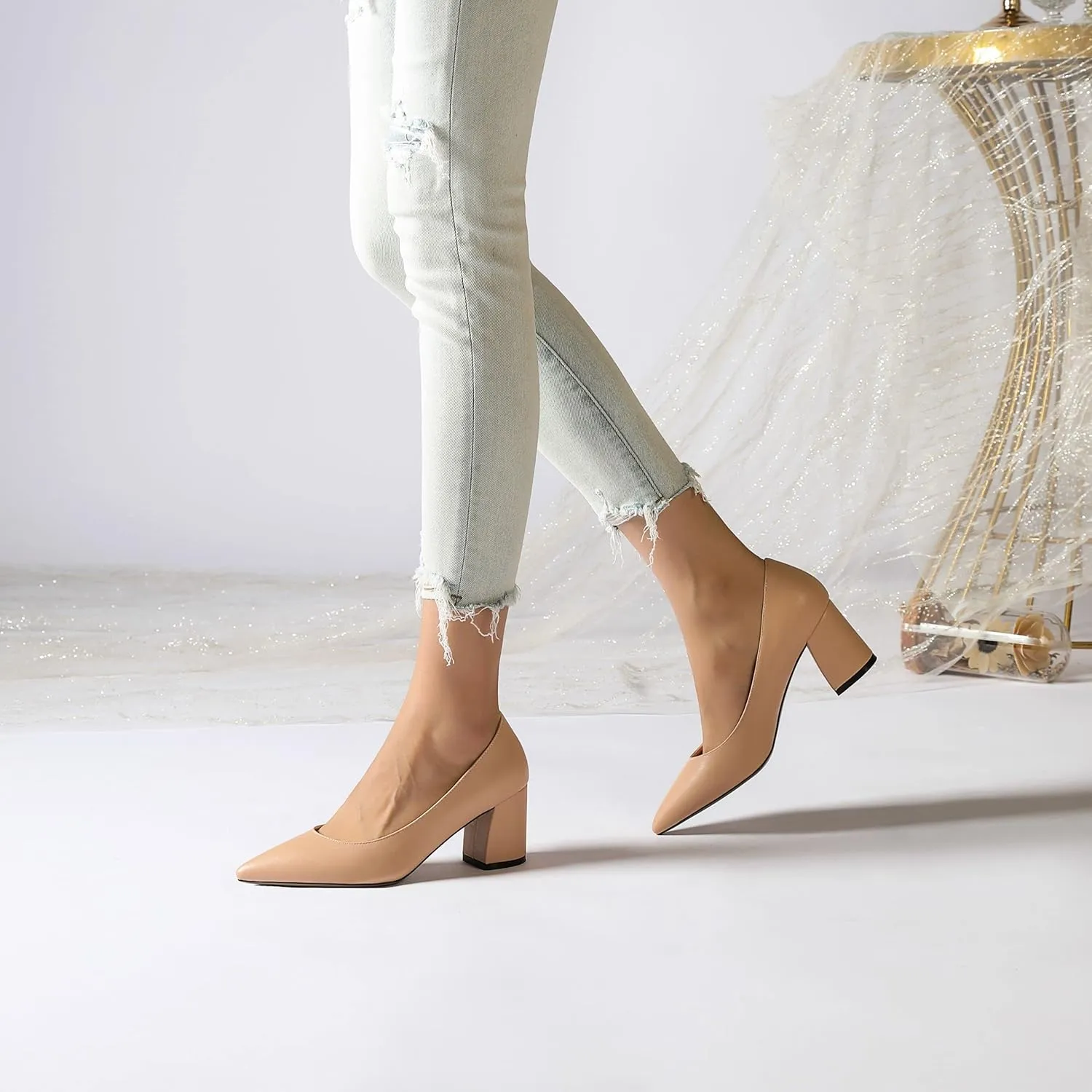 SHOWFOREST Women's Dating Slip On Pointed Toe Dress Solid Block Mid Heel Pumps Shoes 2.5 Inch