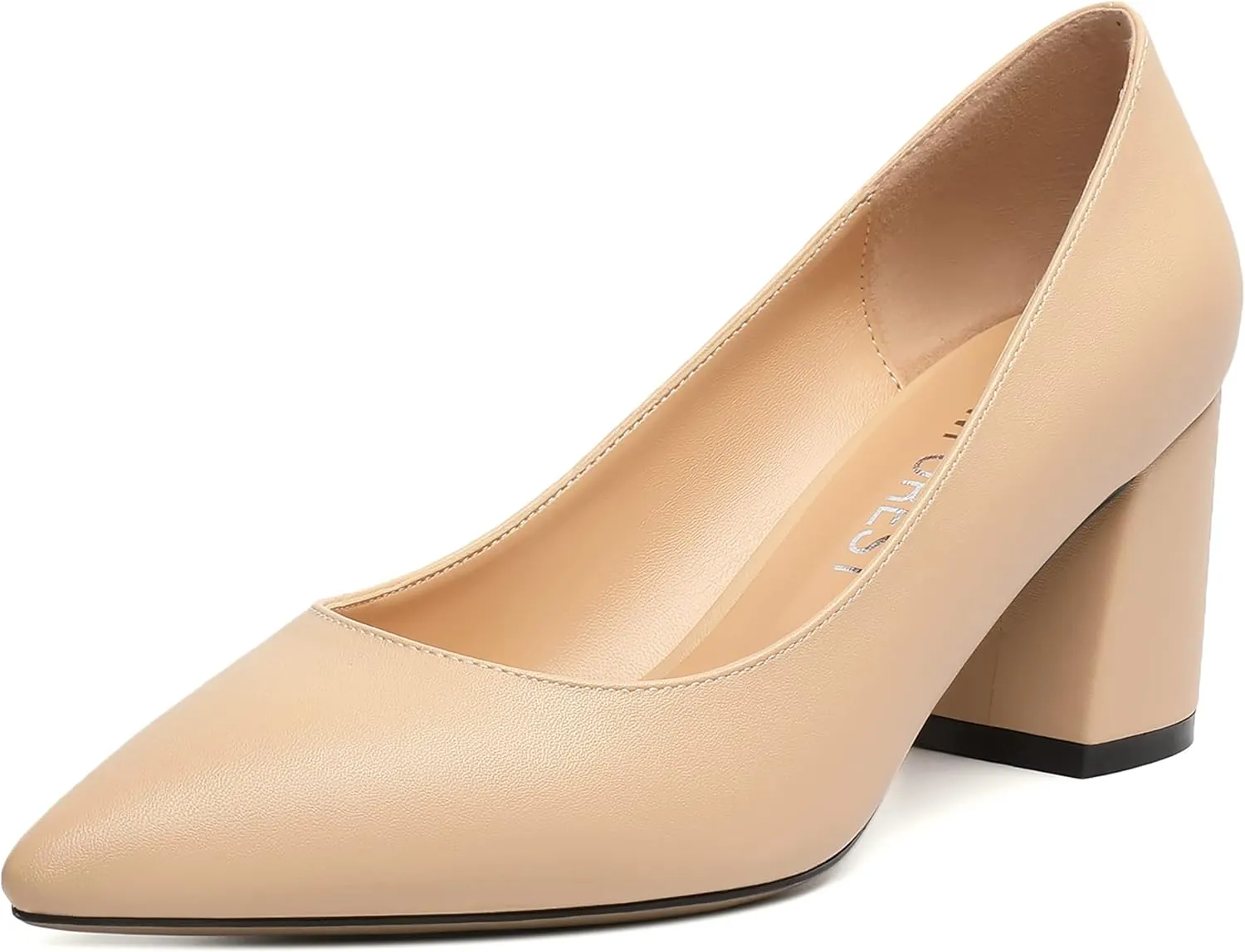 SHOWFOREST Women's Dating Slip On Pointed Toe Dress Solid Block Mid Heel Pumps Shoes 2.5 Inch