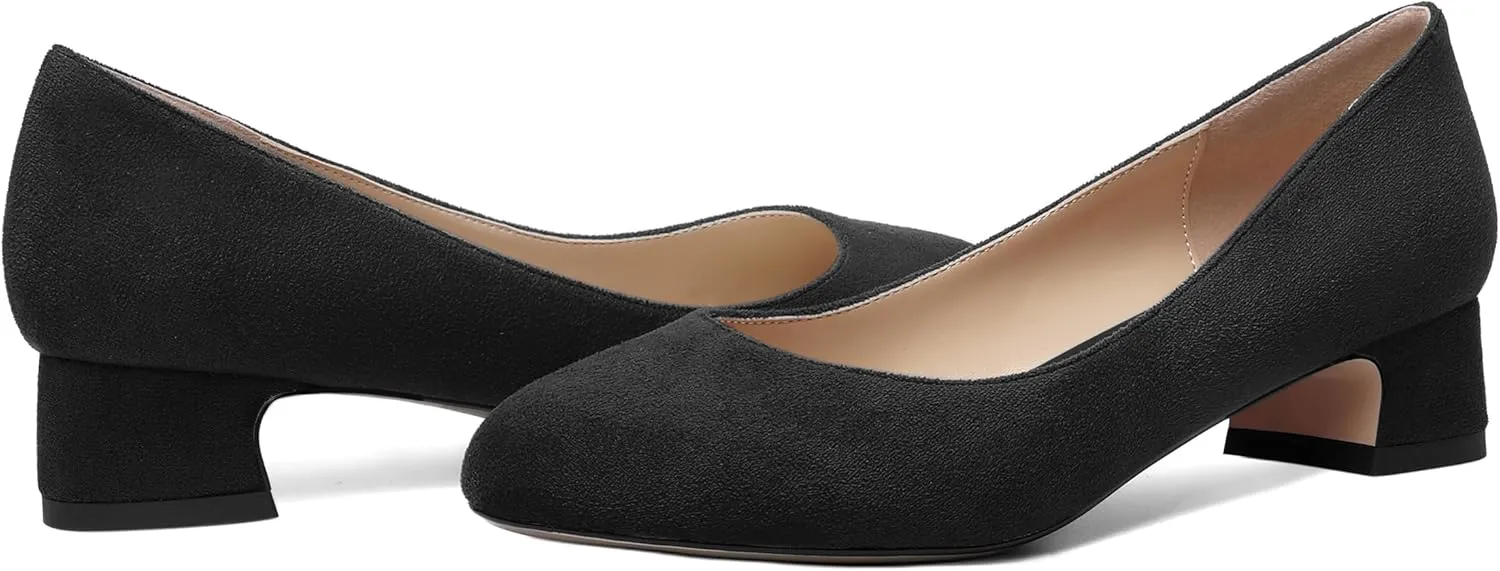SHOWFOREST Womens Dress Solid Business Suede Round Toe Slip On Chunky Low Heel Pumps Shoes 1.5 Inch