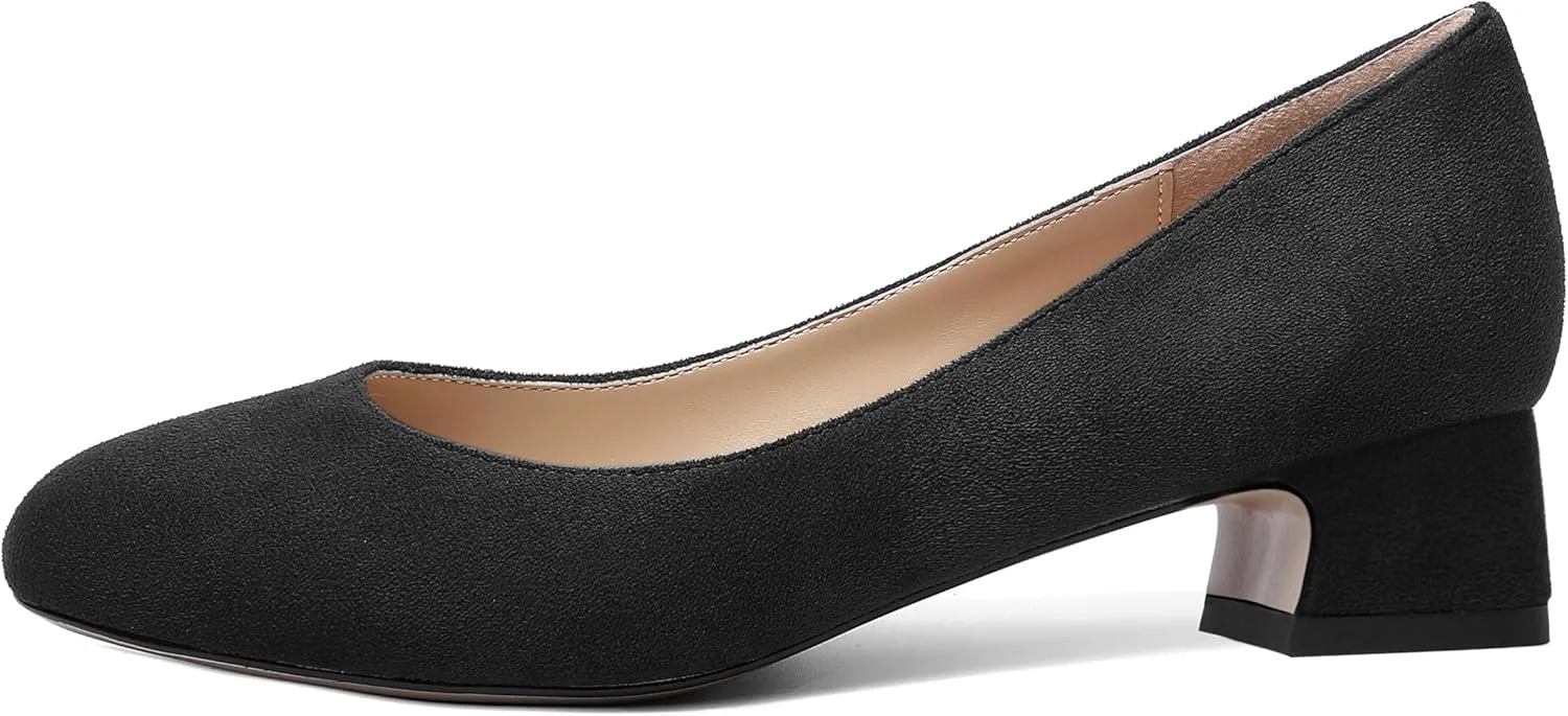 SHOWFOREST Womens Dress Solid Business Suede Round Toe Slip On Chunky Low Heel Pumps Shoes 1.5 Inch
