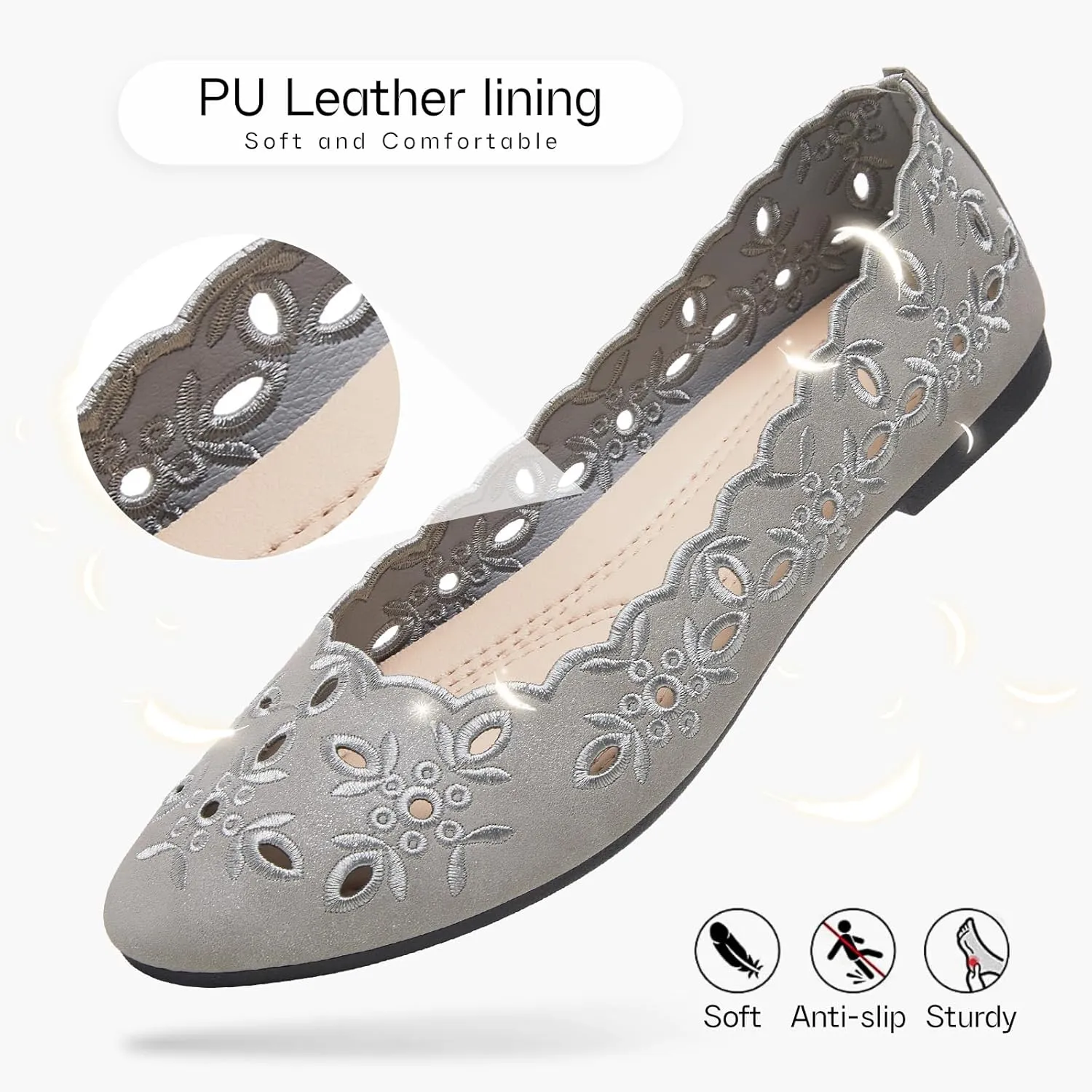 Shupua Women's Comfortable Dress Shoes Ballet Flats Slip On Shoes Black Flats Round Toe PU Leather Flats Summer with Floral Eyelets