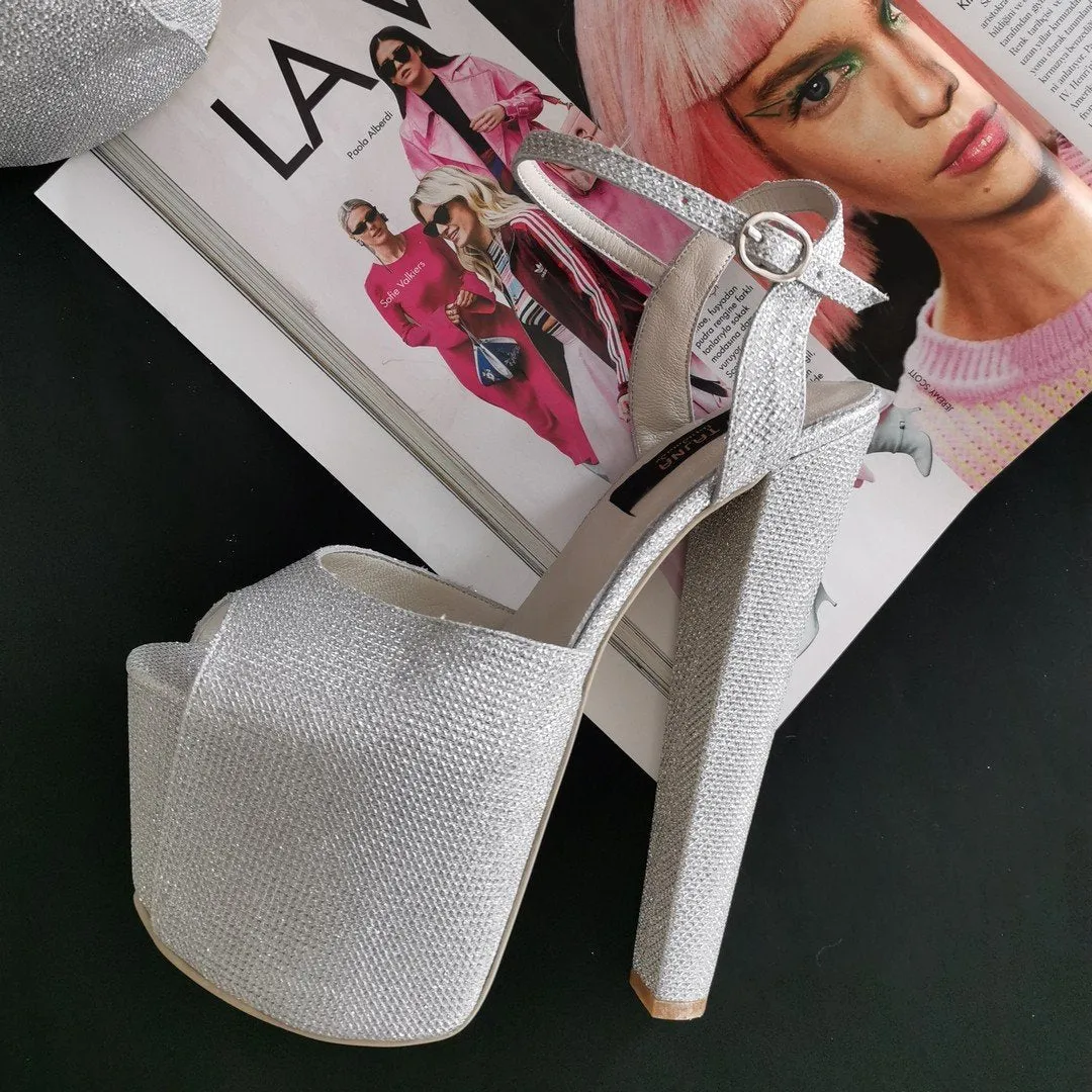 Silver Shiny Chunk Heel Sandals