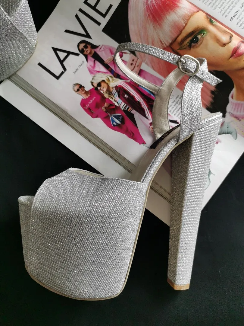 Silver Shiny Chunk Heel Sandals