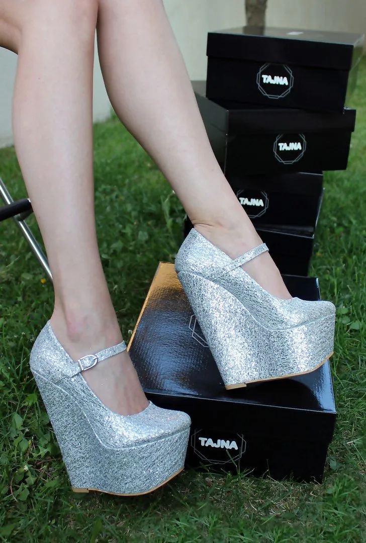 Silver Shiny Heel Wedge Shoes