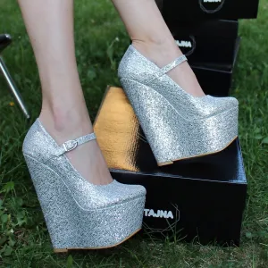 Silver Shiny Heel Wedge Shoes