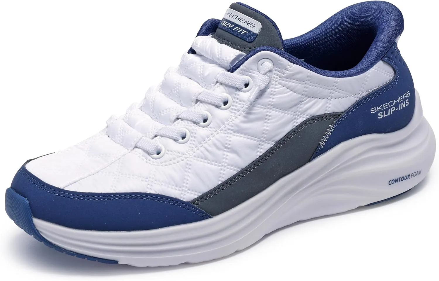 Skechers Sport Women's Women's Contour Foam Cozy FIT Hands Free Slip-INS Sneaker, White/Navy, 7.5