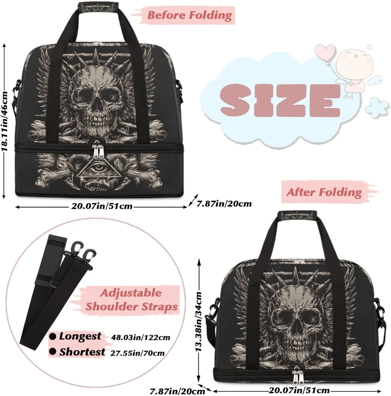 Skull Black Foldable Travel Duffel Bag Tote Carry On Luggage Sports Gym Bag With Shoe Compartment For Woman Man Overnight Weekend Yoga Workout Bag Training Handbag