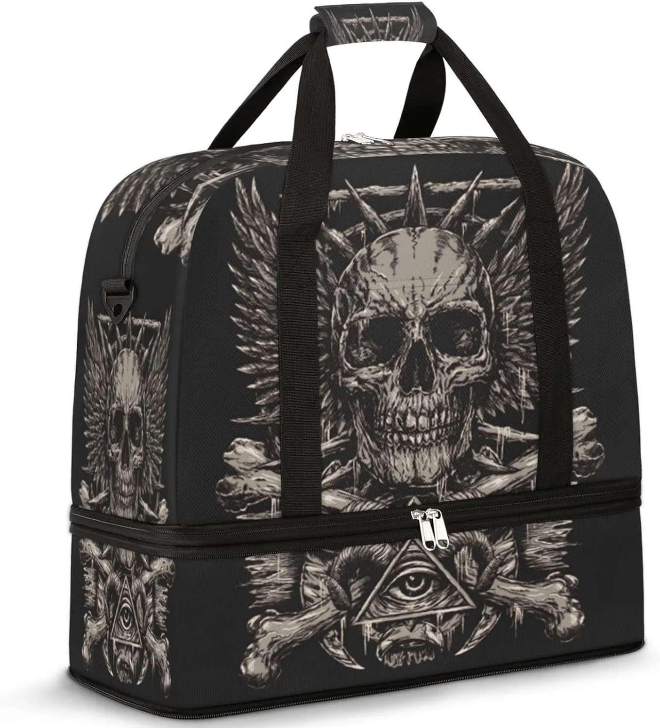 Skull Black Foldable Travel Duffel Bag Tote Carry On Luggage Sports Gym Bag With Shoe Compartment For Woman Man Overnight Weekend Yoga Workout Bag Training Handbag