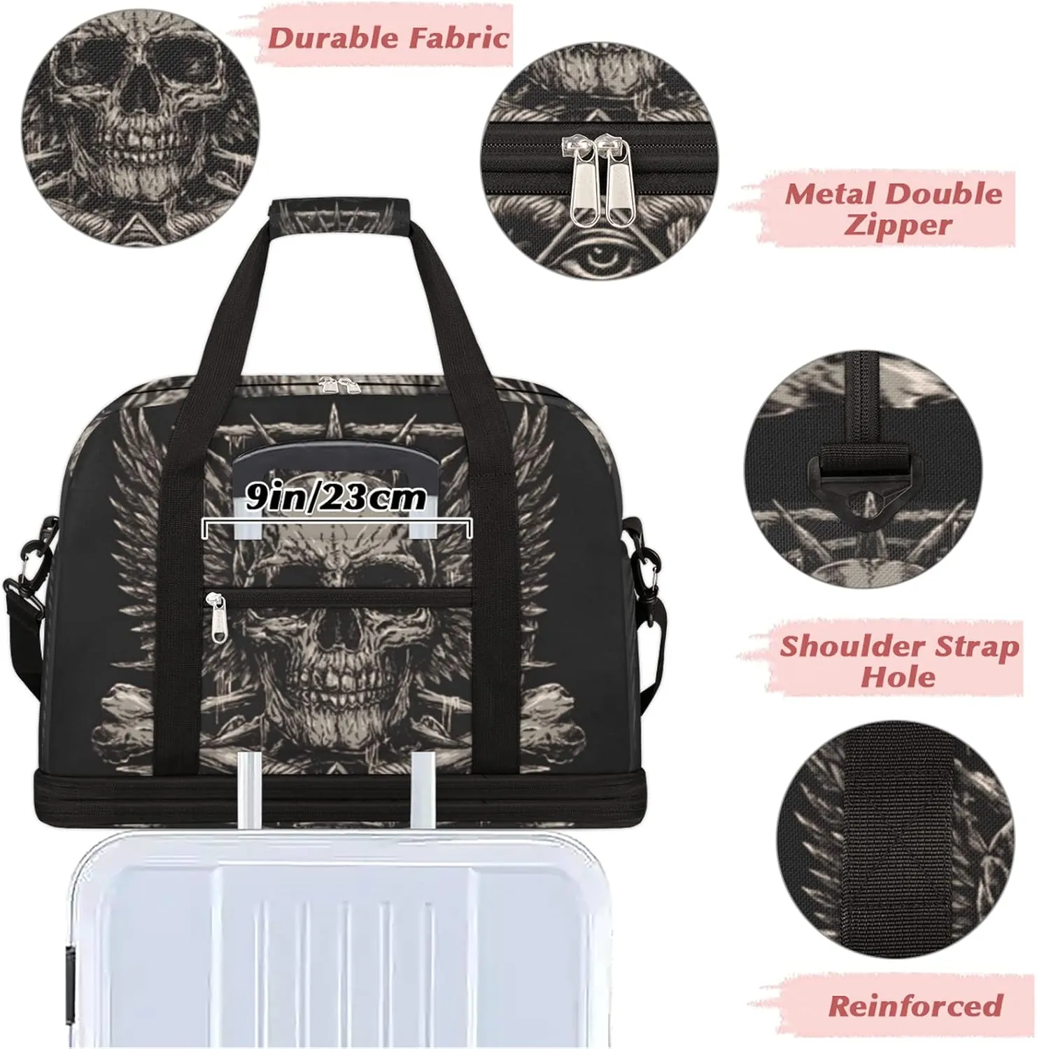Skull Black Foldable Travel Duffel Bag Tote Carry On Luggage Sports Gym Bag With Shoe Compartment For Woman Man Overnight Weekend Yoga Workout Bag Training Handbag