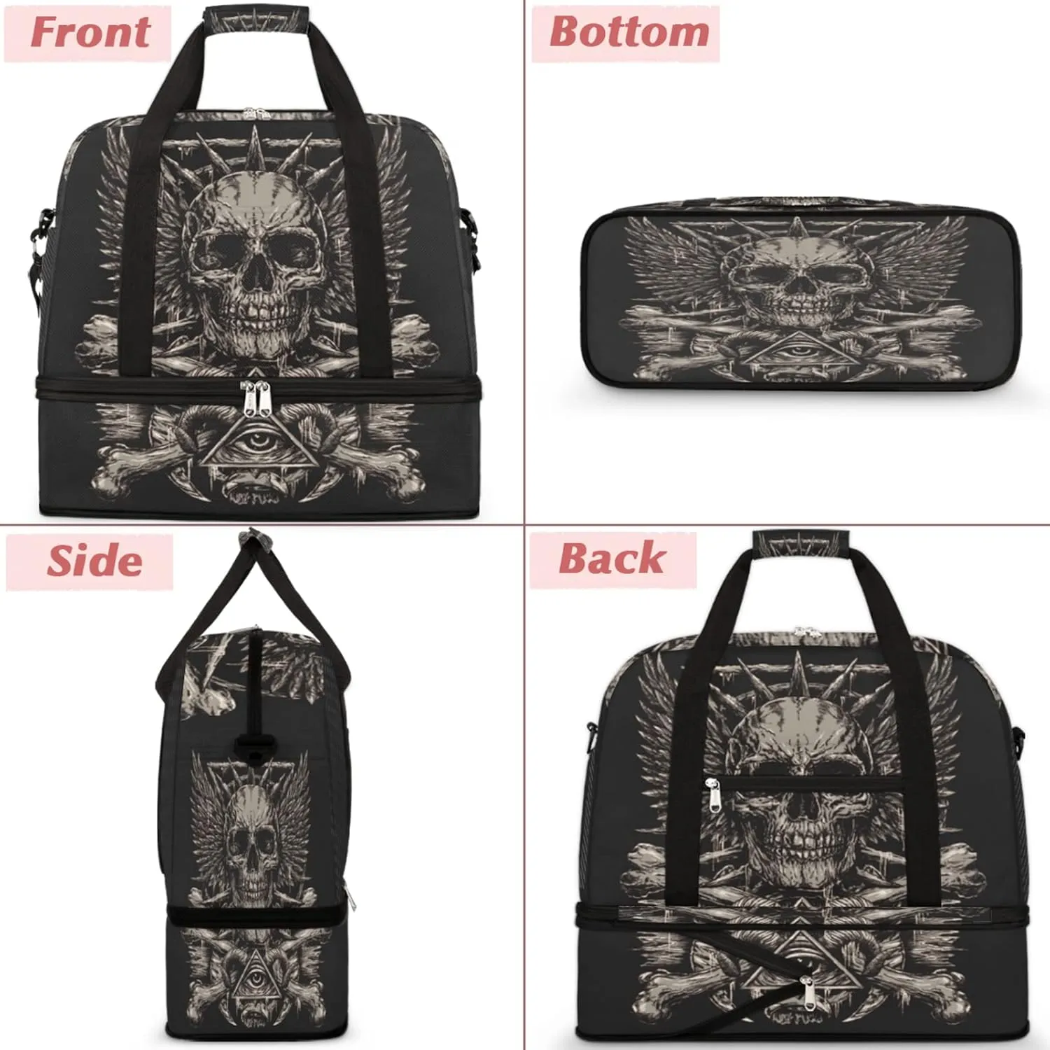 Skull Black Foldable Travel Duffel Bag Tote Carry On Luggage Sports Gym Bag With Shoe Compartment For Woman Man Overnight Weekend Yoga Workout Bag Training Handbag