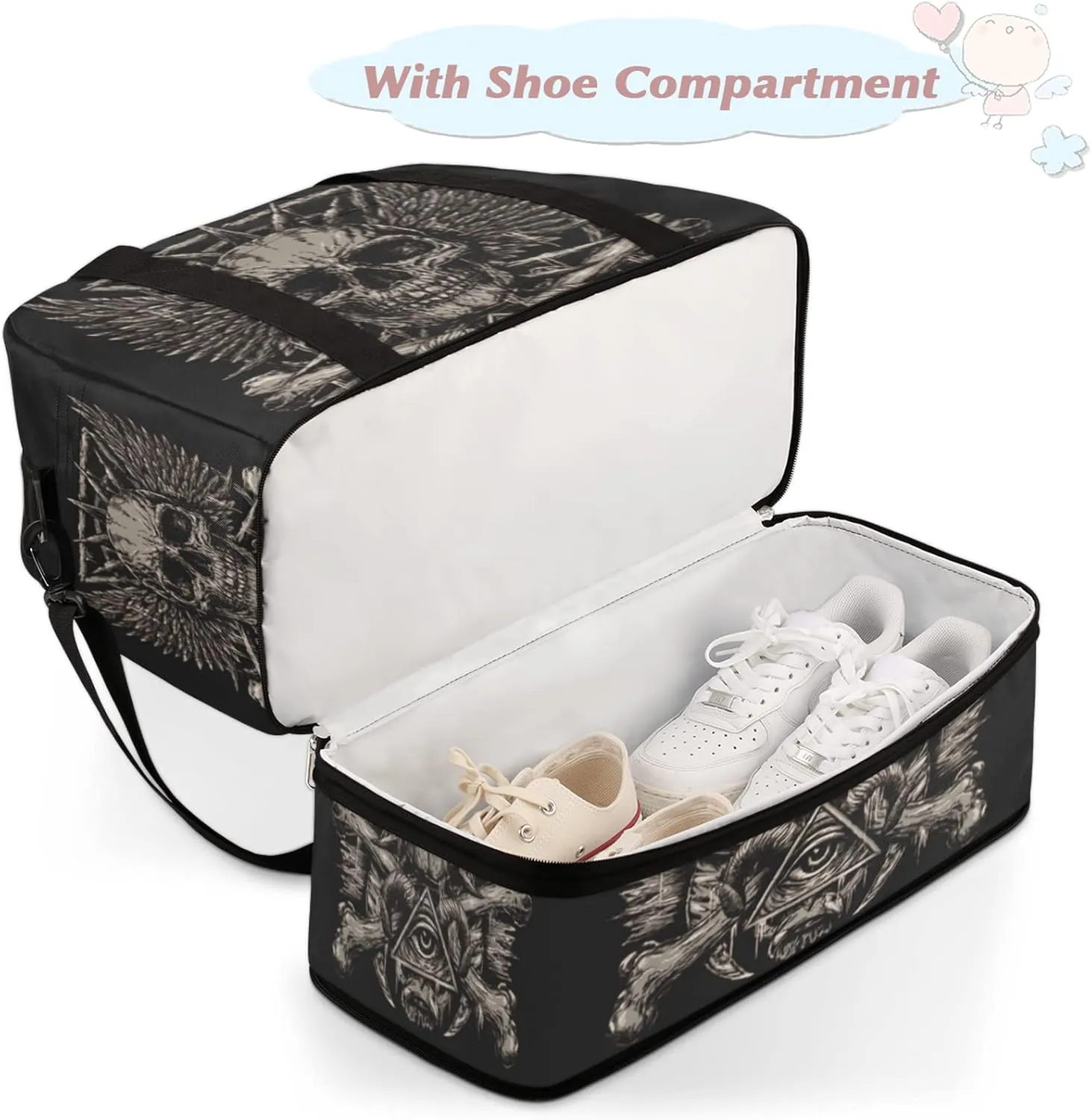 Skull Black Foldable Travel Duffel Bag Tote Carry On Luggage Sports Gym Bag With Shoe Compartment For Woman Man Overnight Weekend Yoga Workout Bag Training Handbag