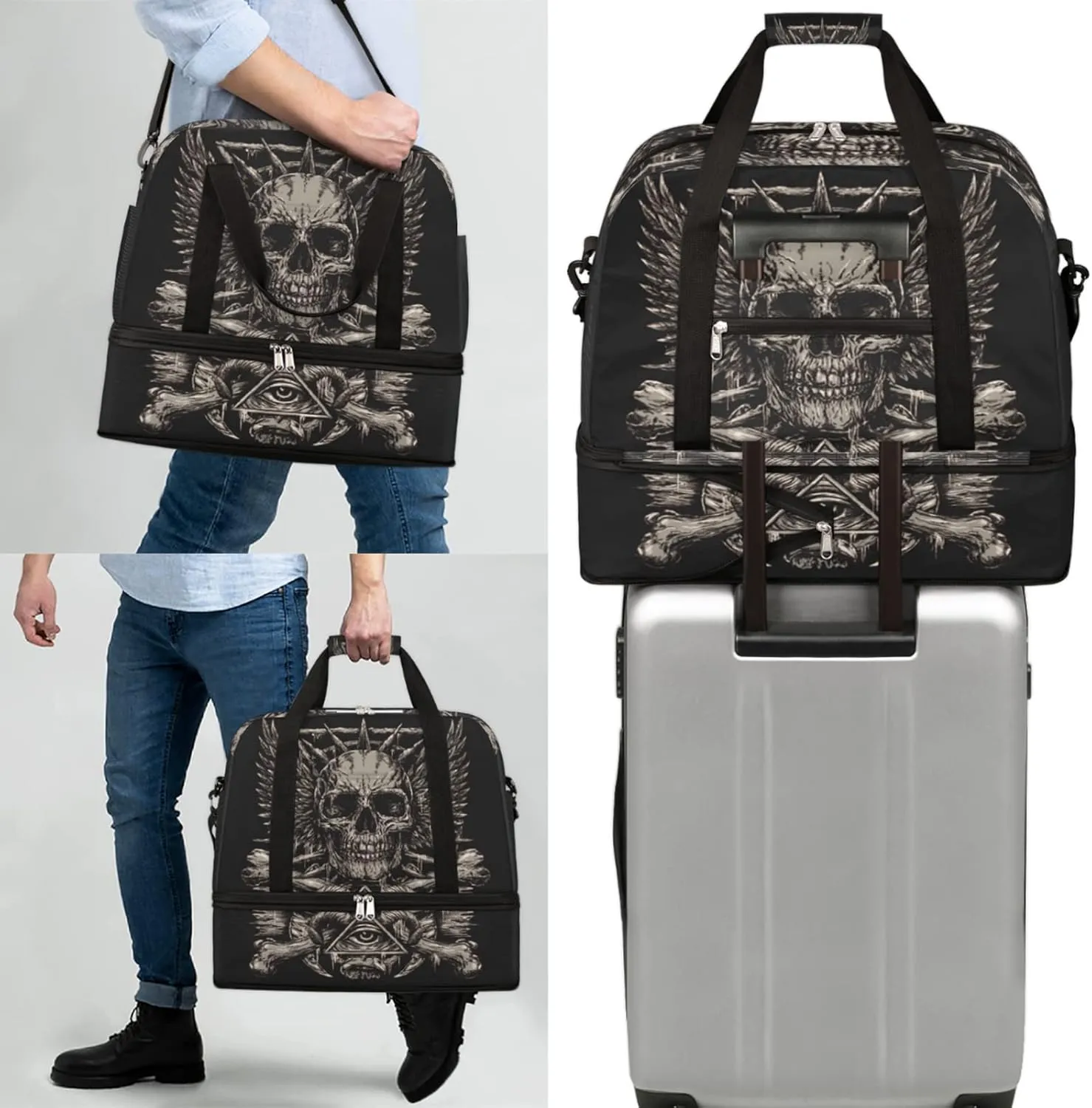Skull Black Foldable Travel Duffel Bag Tote Carry On Luggage Sports Gym Bag With Shoe Compartment For Woman Man Overnight Weekend Yoga Workout Bag Training Handbag